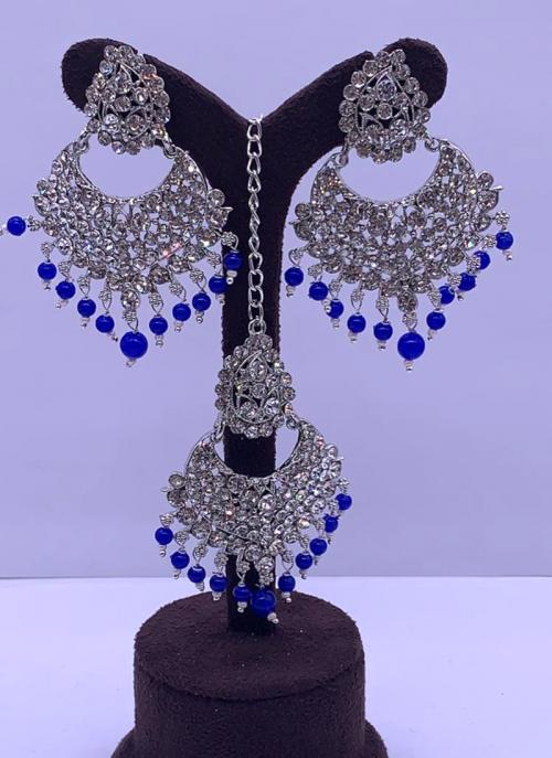 Blue Beads Silver Tone Earrings With Maang Tikka